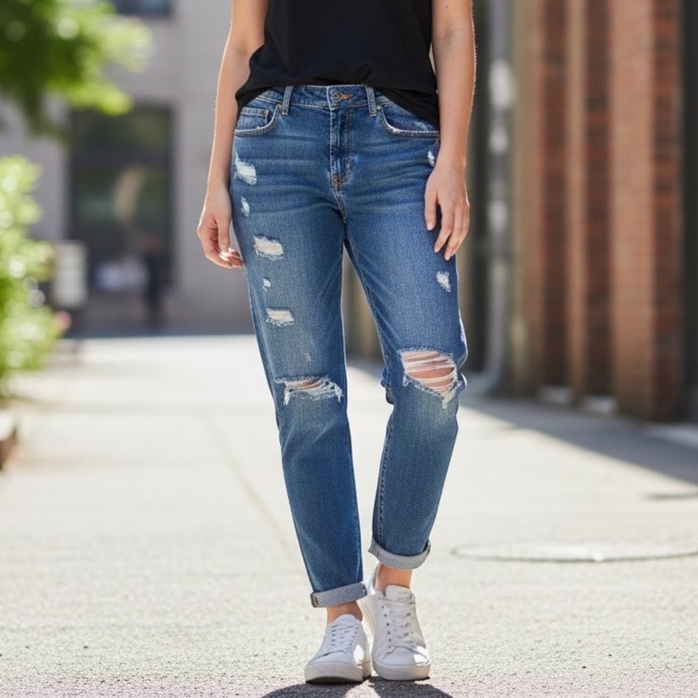 Cabi Jeans Boyfriend Women 12 Blue Excellent Distressed Ripped Denim Casual